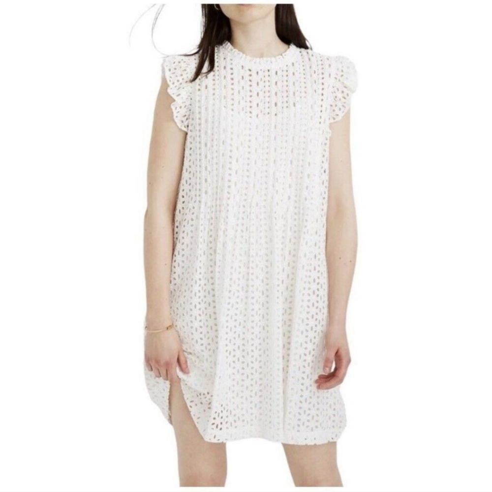 MADEWELL Eyelet Ruffle-Sleeve Mini Dress Ivory Cotton, AN137, Size XS